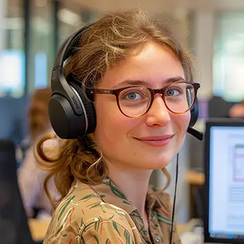Eine junge Frau mit Headset am Computer schaut in die Kamera